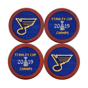 Four embroidered coasters with St. Louis Blues logo and 'Stanley Cup 2019 Champs' text on a white background.