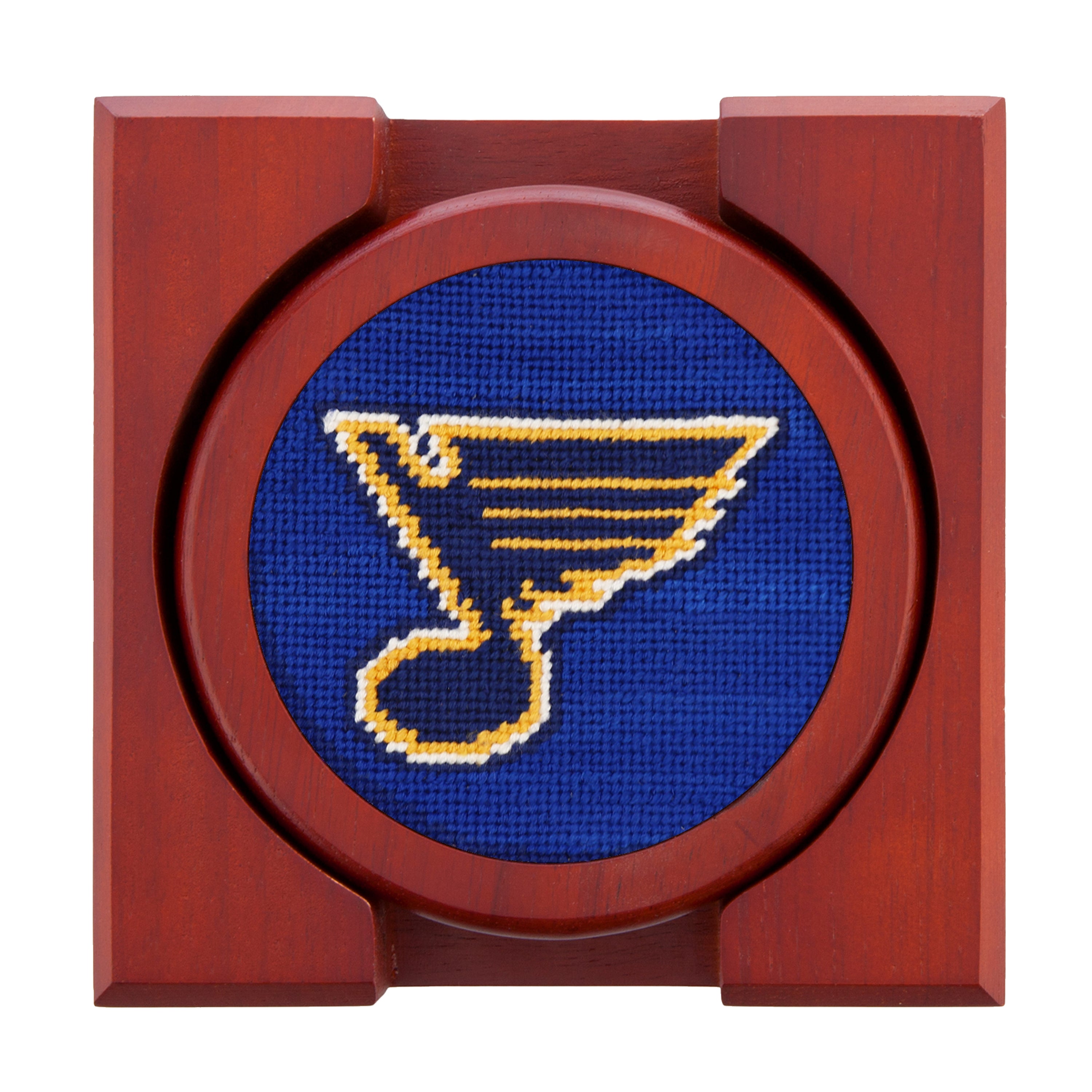 St. Louis Blues logo on a blue background with a wooden frame