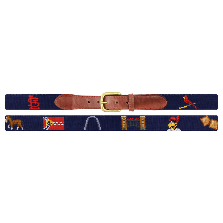 Flat view of Needlepoint St Louis Cardinals Life Belt Dark Navy with brown leather trim and a brass buckle