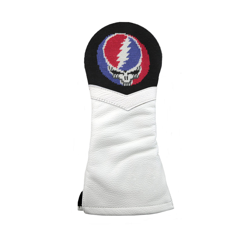 White golf headcover with steal your face logo and black background