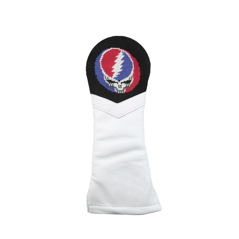 White golf headcover with steal your face logo and black background