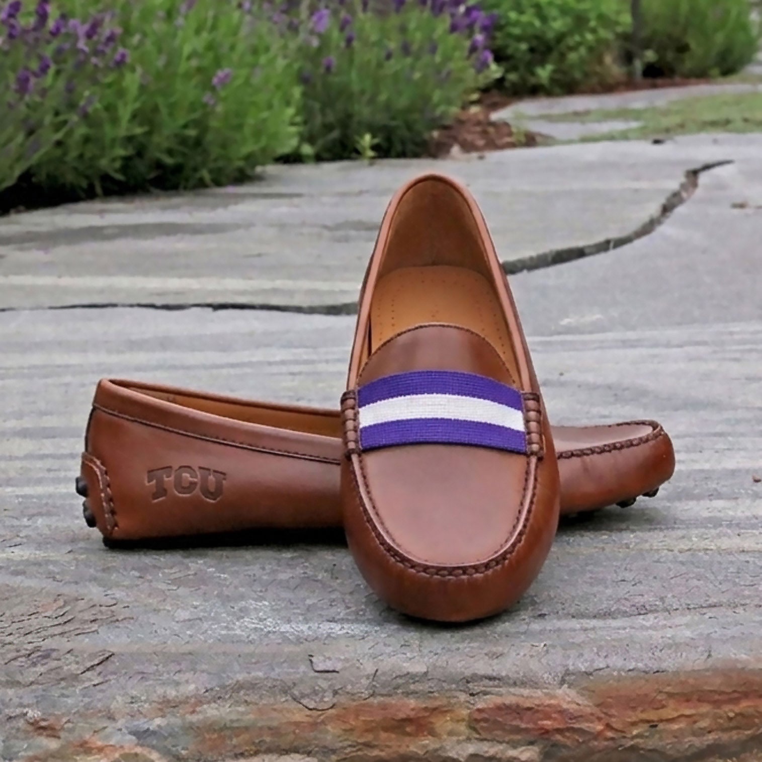 TCU Surcingle Driving Shoes (Purple-White) (Chestnut Leather-Logo)