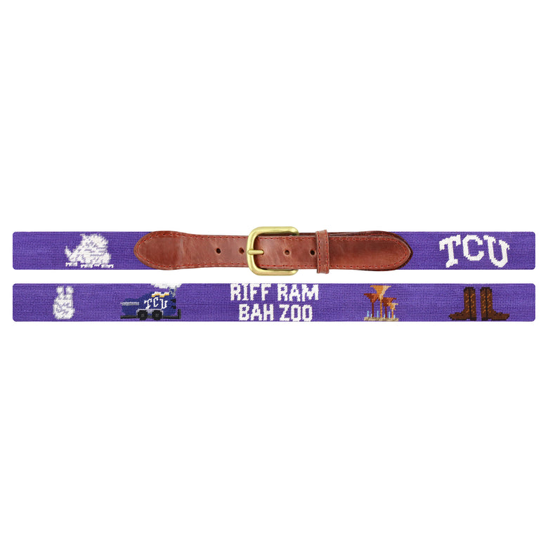 Flat view of Needlepoint TCU Life Belt Purple with brown leather trim and a brass buckle
