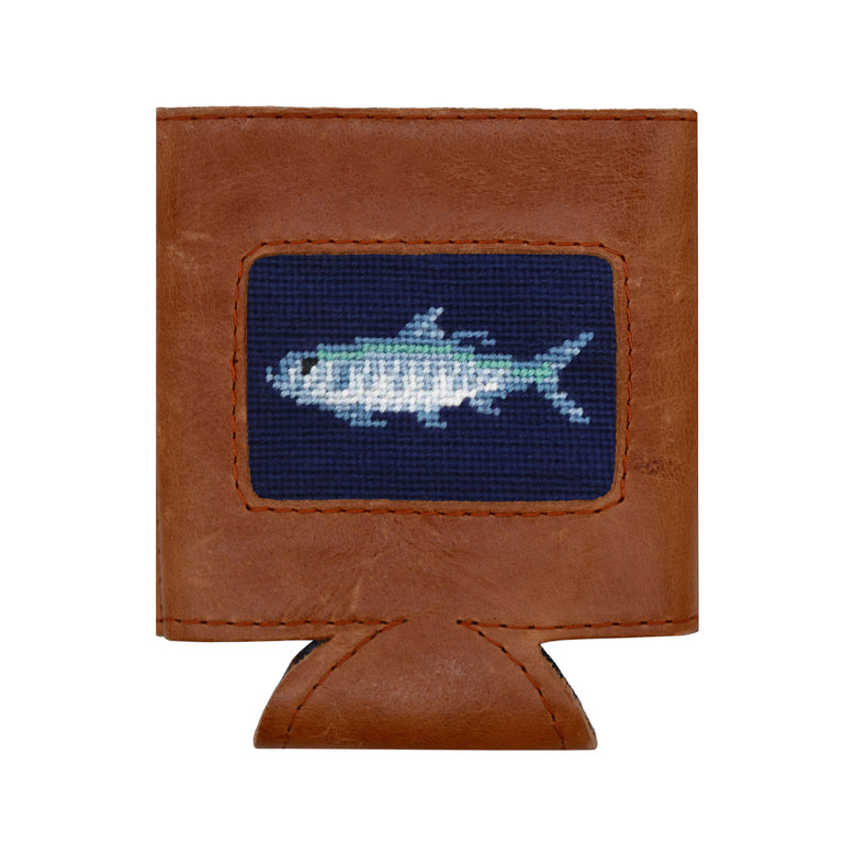 Dark navy can cooler with a Tarpon fish design, shown from secondary angle.