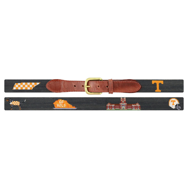 Flat view of Needlepoint Tennessee Life Belt Charcoal with brown leather trim and a brass buckle