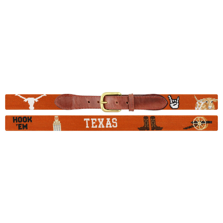 Flat view of Needlepoint University of Texas Life Belt Burnt Orange with brown leather trim and a brass buckle