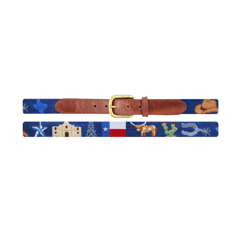 Flat view of Needlepoint Texas Life Children's Belt Classic Navy with brown leather trim and a brass buckle