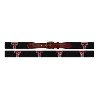 Flat view of Needlepoint Monogrammed Texas Tech Belt Black with brown leather trim and a brass buckle