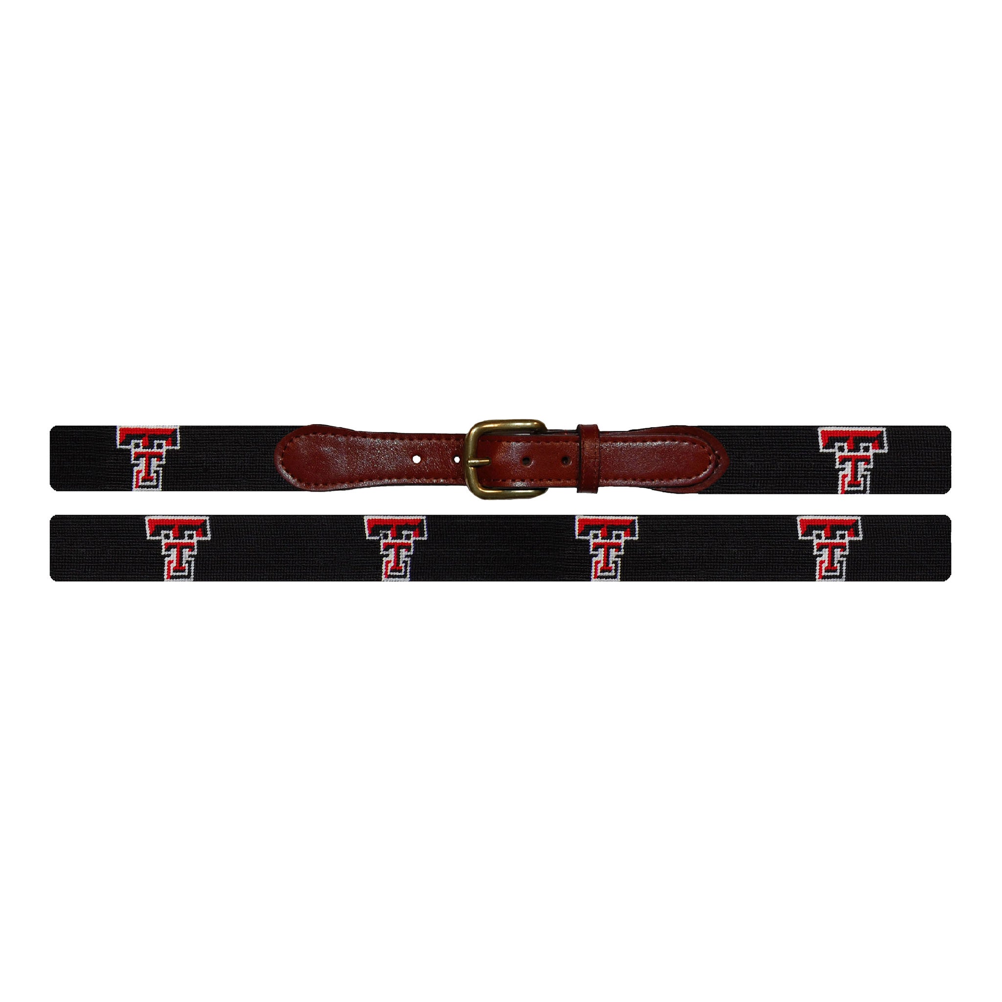 Flat view of Needlepoint Monogrammed Texas Tech Belt Black with brown leather trim and a brass buckle