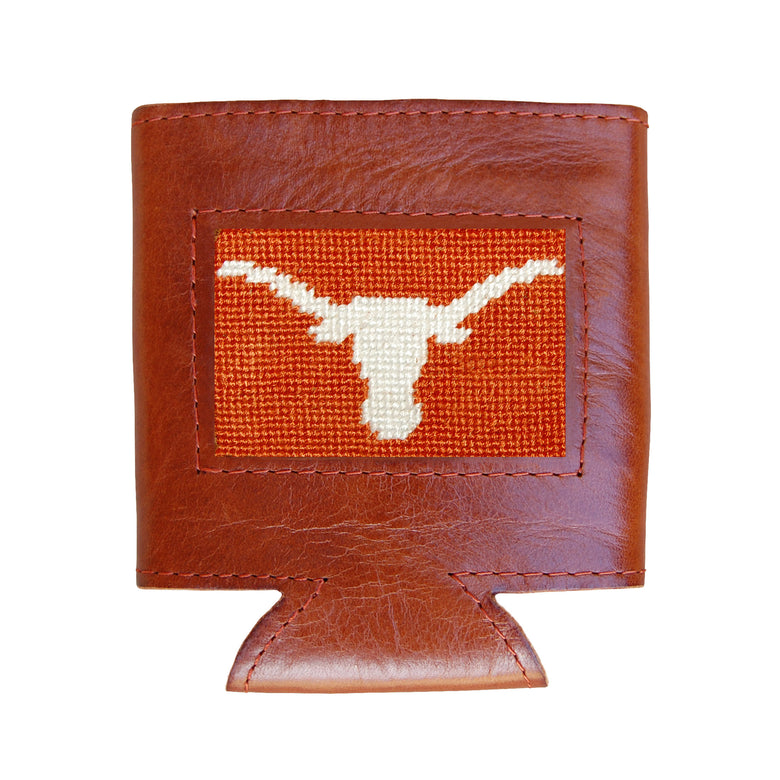 Burnt orange can cooler showing the white Texas Longhorn silhouette logo from a secondary angle.