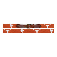 Flat view of Needlepoint Monogrammed University of Texas Belt Burnt Orange with brown leather trim and a brass buckle