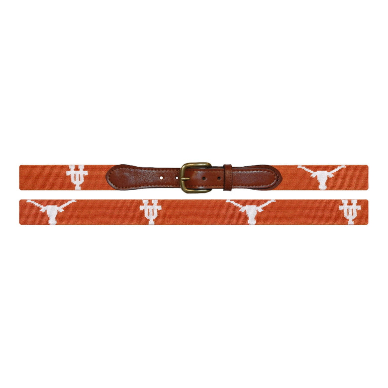 Flat view of Needlepoint University of Texas Belt Burnt Orange with brown leather trim and a brass buckle