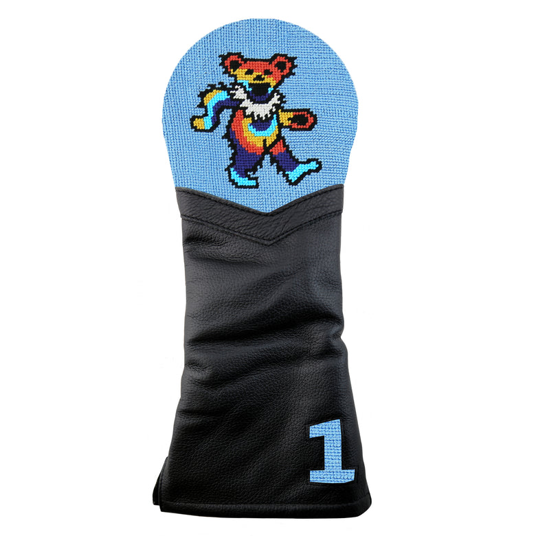 Black golf headcover with Dancing bear tie dye logo with light blue background