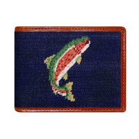 Dark navy Trout and Fly needlepoint bi-fold wallet with brown leather trim, shown from primary angle.