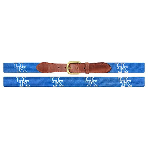 Flat view of Needlepoint Kentucky Belt Blue with brown leather trim and a brass buckle