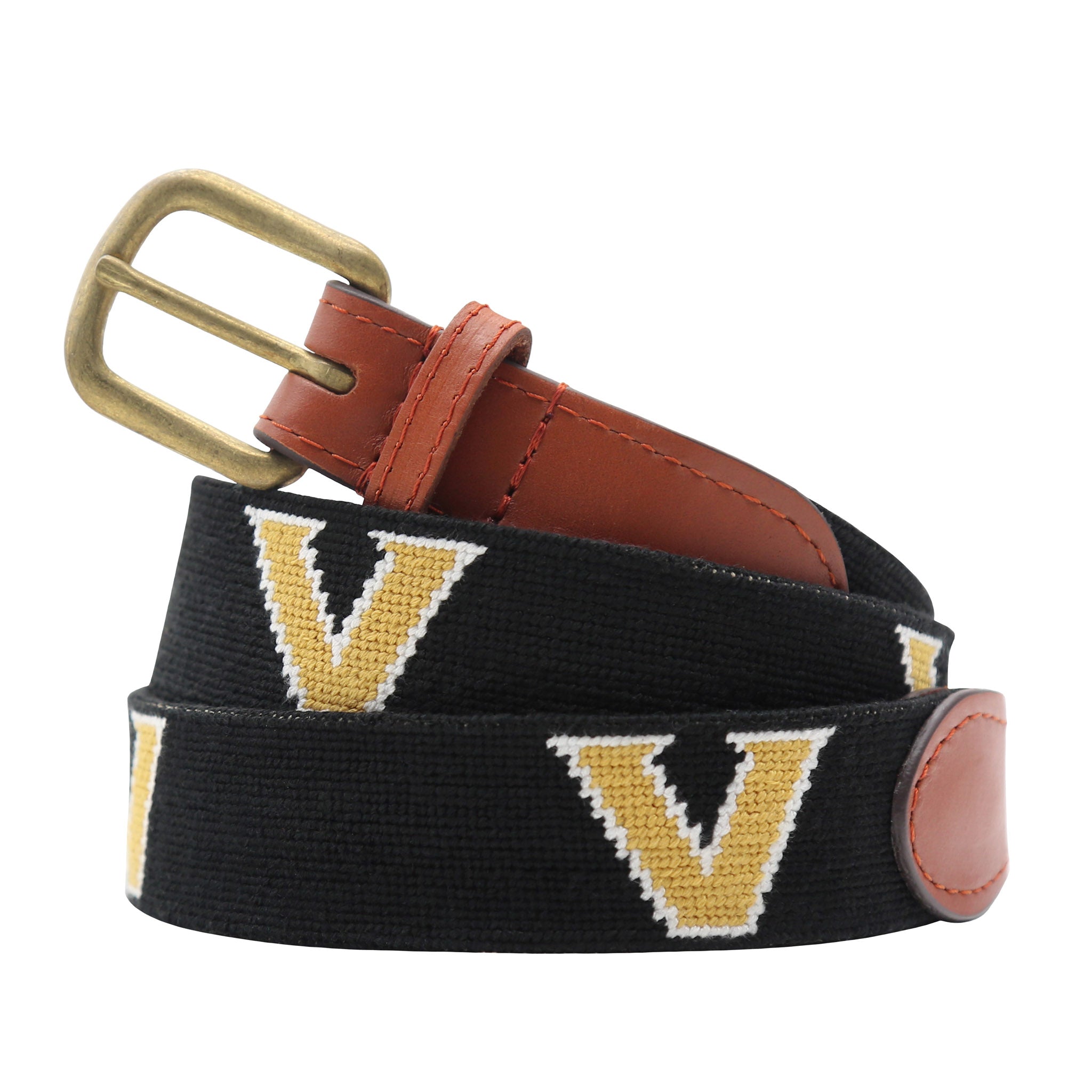 Monogrammed Vanderbilt Needlepoint Belt Black coiled, with brown leather trim and a brass buckle