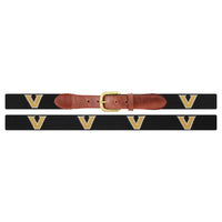 Flat view of Needlepoint Monogrammed Vanderbilt Belt Black with brown leather trim and a brass buckle