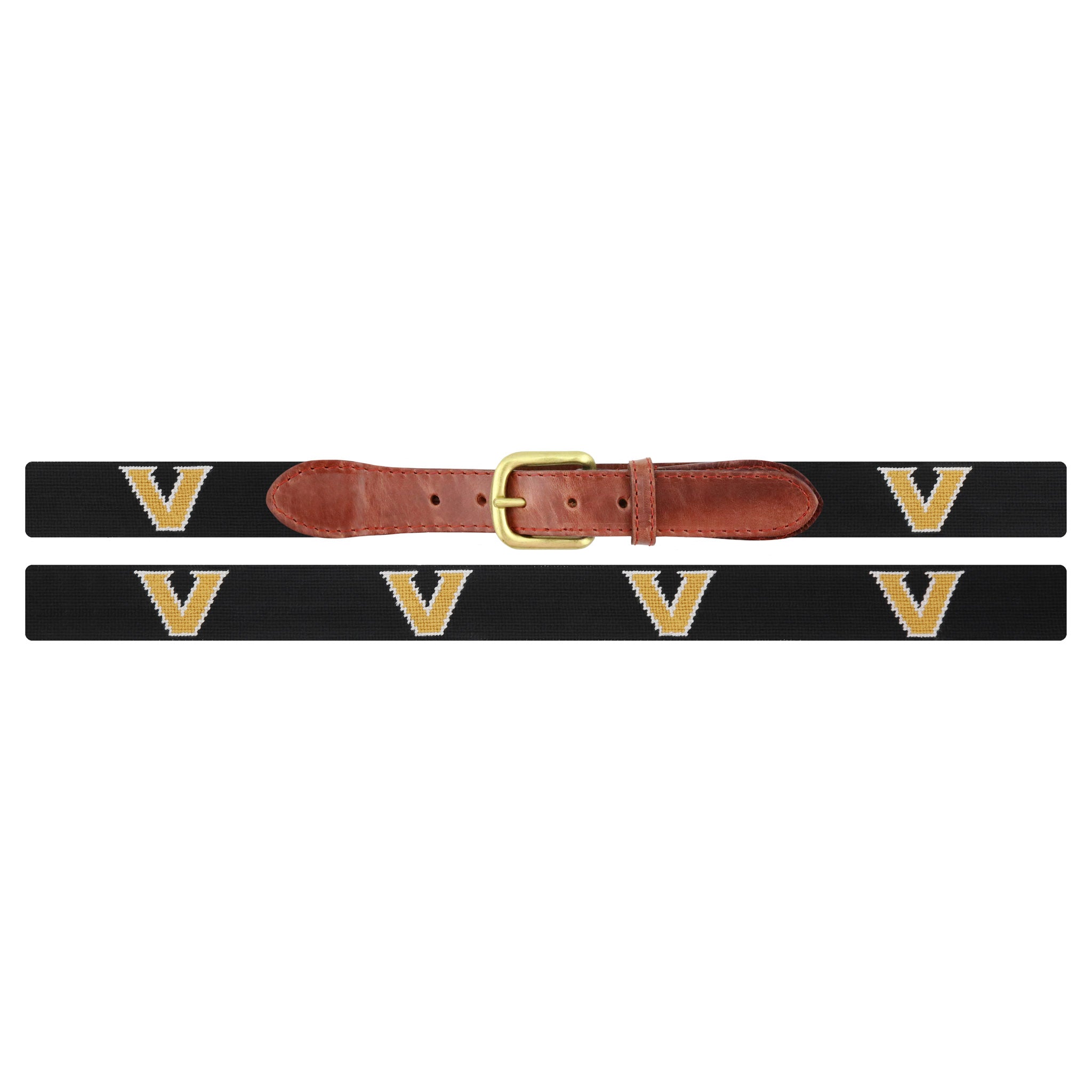 Flat view of Needlepoint Monogrammed Vanderbilt Belt Black with brown leather trim and a brass buckle