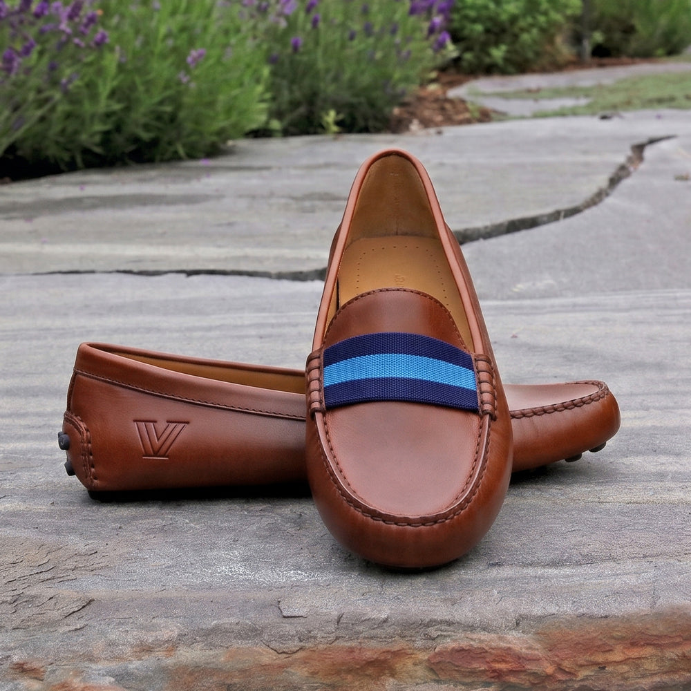 Villanova Surcingle Driving Shoes (Classic Navy-Azure) (Chestnut Leather-Logo)