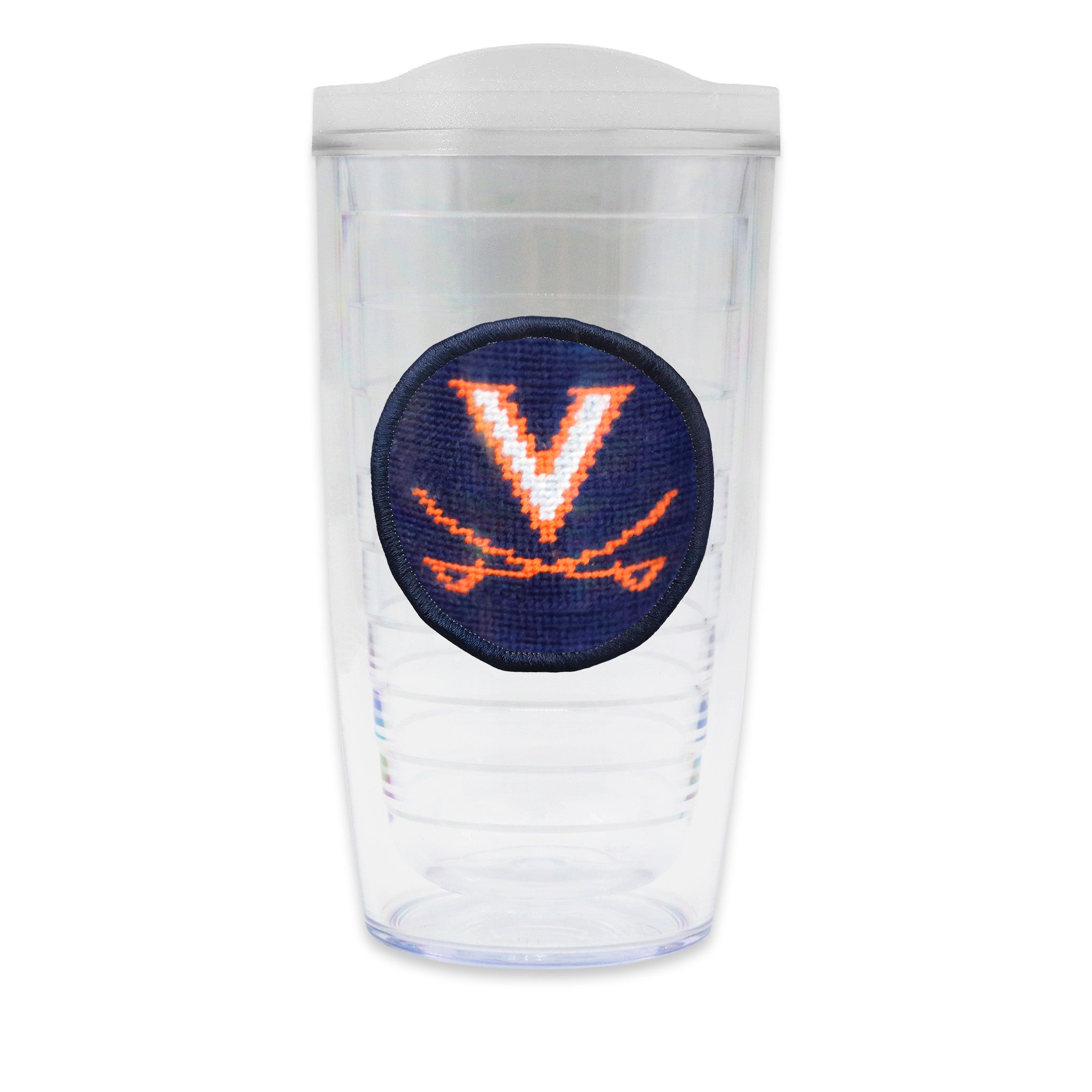 Tervis Tumbler with UVA logo needlepoint patch with frosted lid