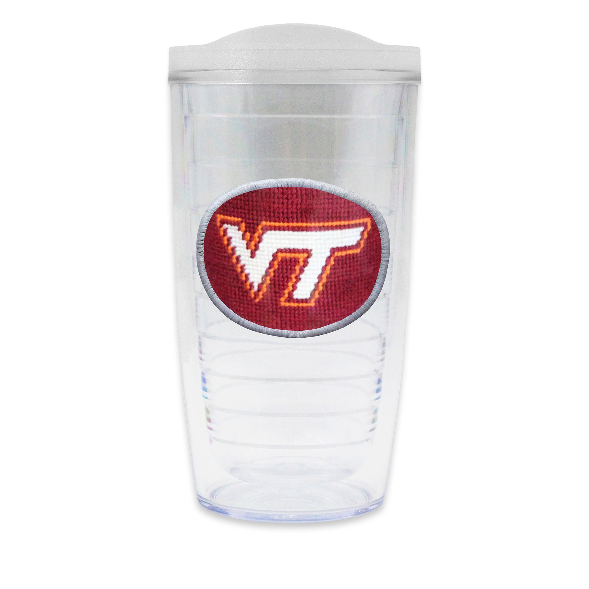 Tervis Tumbler with VT logo needlepoint patch with frosted lid