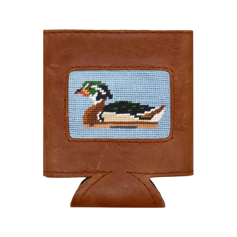 Antique blue can cooler with a Wood Duck Decoy design, shown from secondary angle.