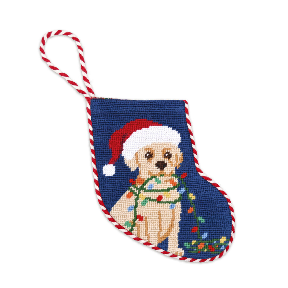 Yellow Lab Christmas Lights Stocking Ornament (Classic Navy) (Red-White Cord)