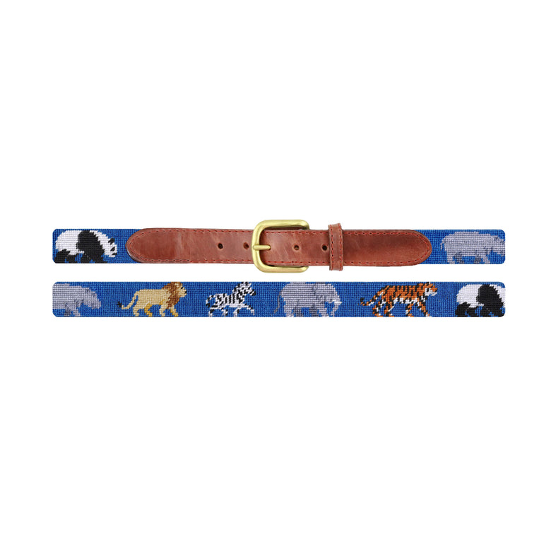 Flat view of Needlepoint Zoo Children's Belt Blueberry with brown leather trim and a brass buckle
