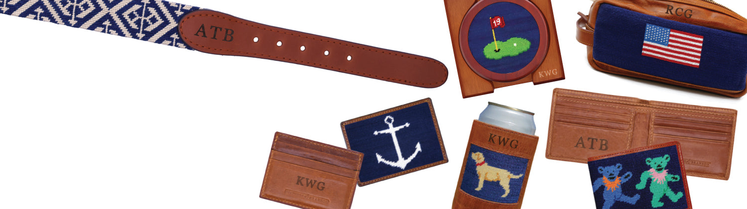 Collection of leather goods with various designs and text on a white background