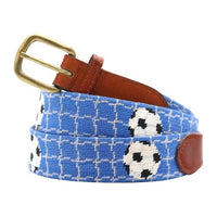 Soccer Ball with white netting on a cobalt background belt with brass belt buckle