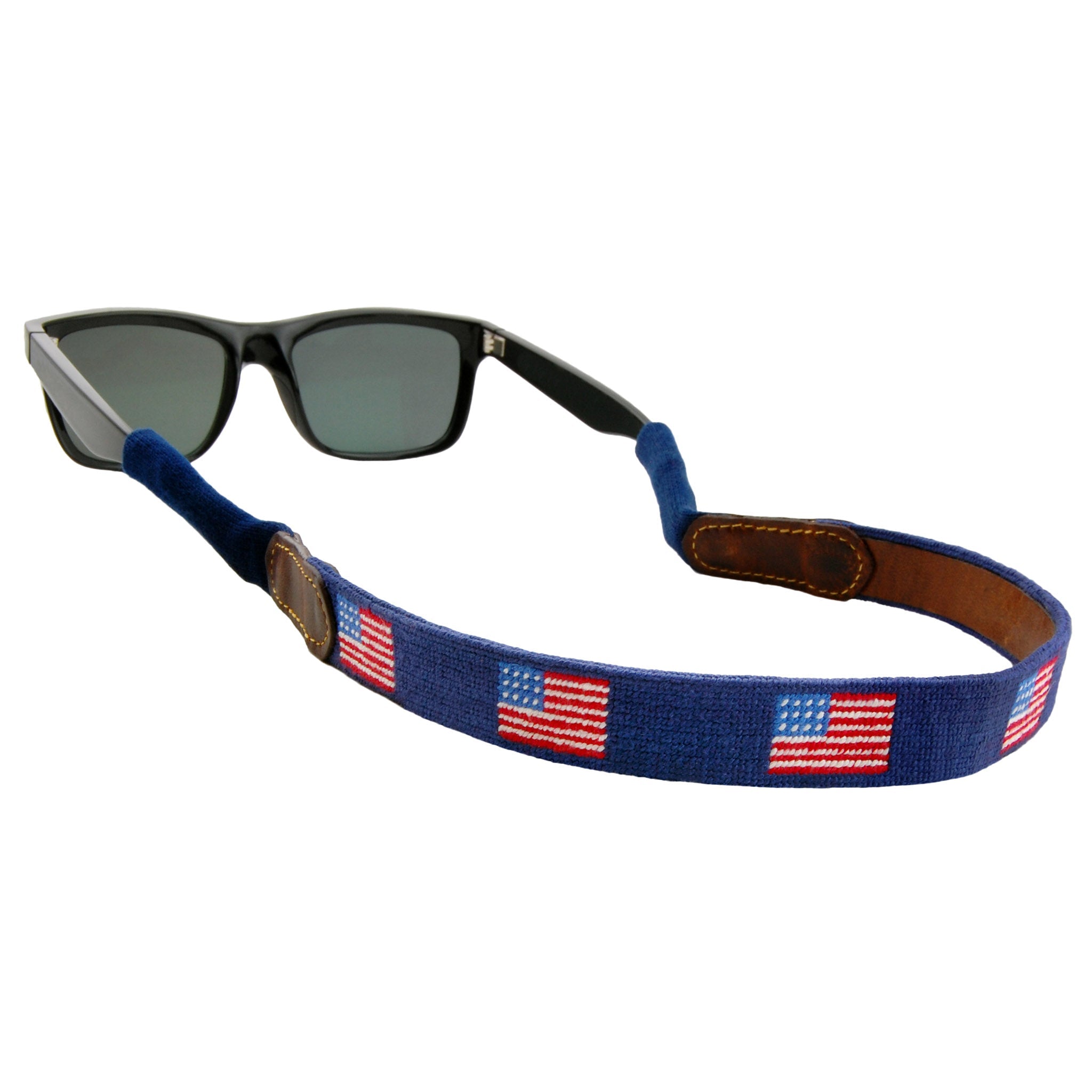 Smathers and Branson American Flag Classic Navy Needlepoint Sunglass Strap Attached to glasses  