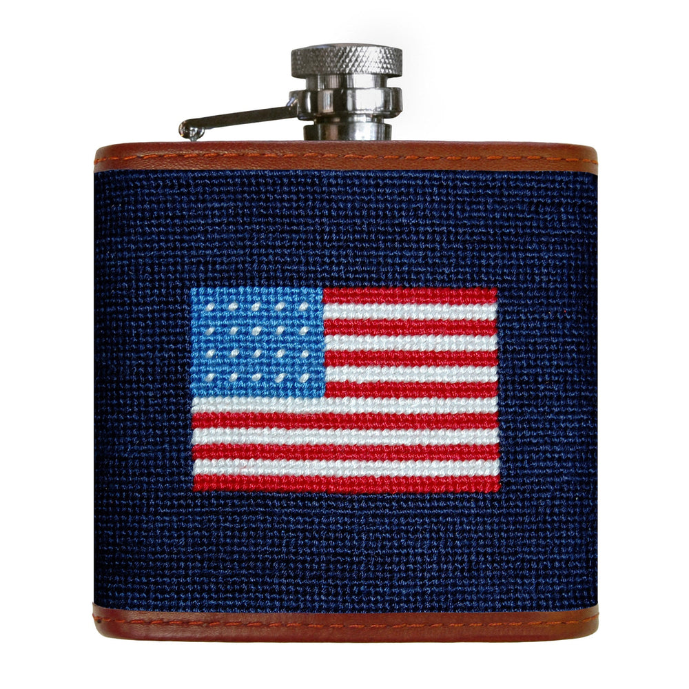 Smathers and Branson American Flag Dark Navy Needlepoint Flask Front 