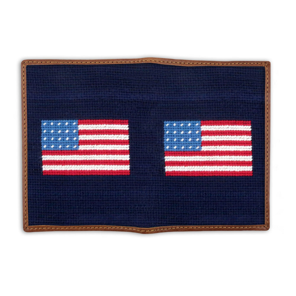 Smathers and Branson American Flag Dark Navy Needlepoint Passport Case Opened 