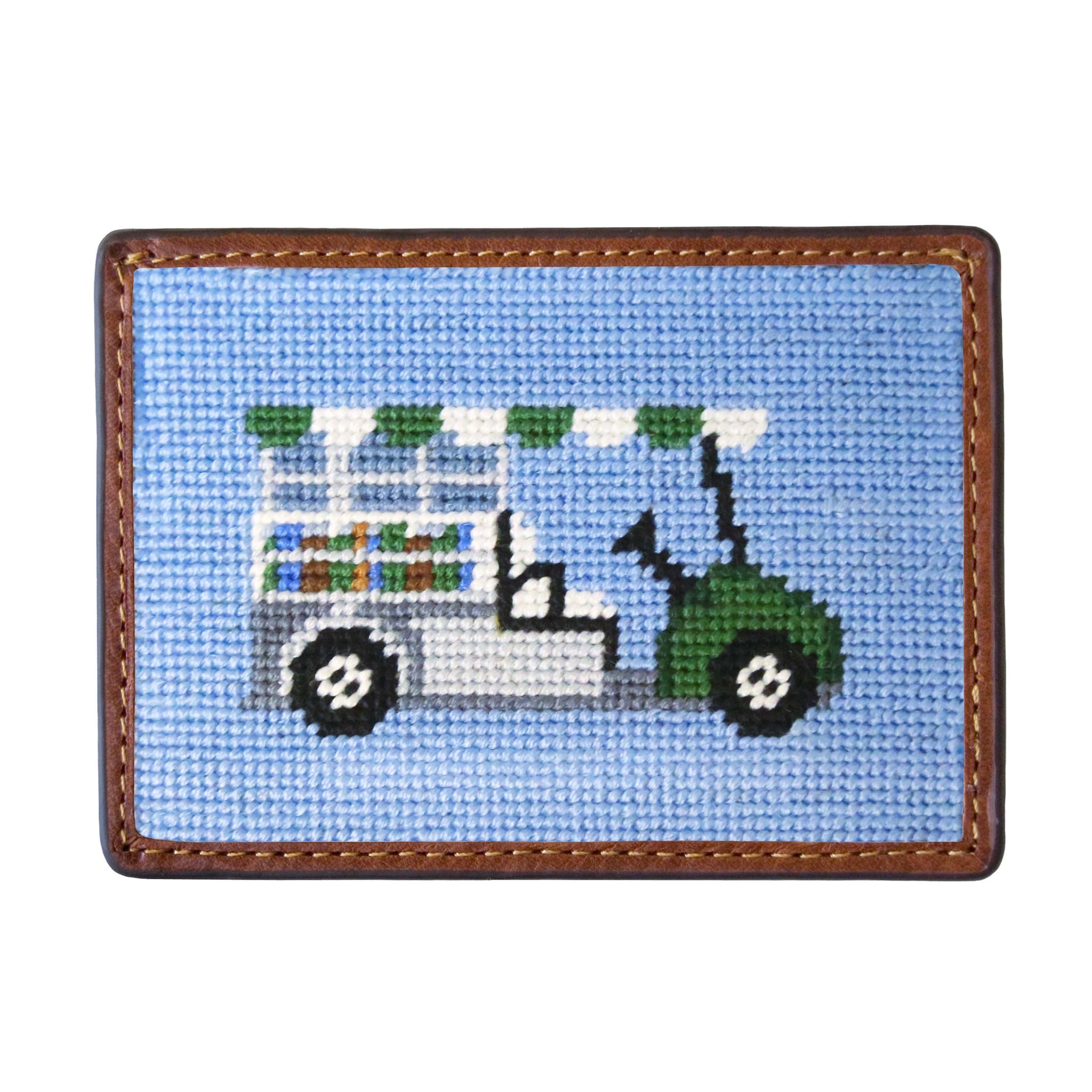 Smathers and Branson Beverage Cart Light Blue Needlepoint Credit Card Wallet Front side