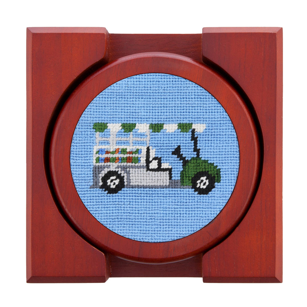 Smathers and Branson Beverage Cart Light Blue Needlepoint Coasters with coaster holder  