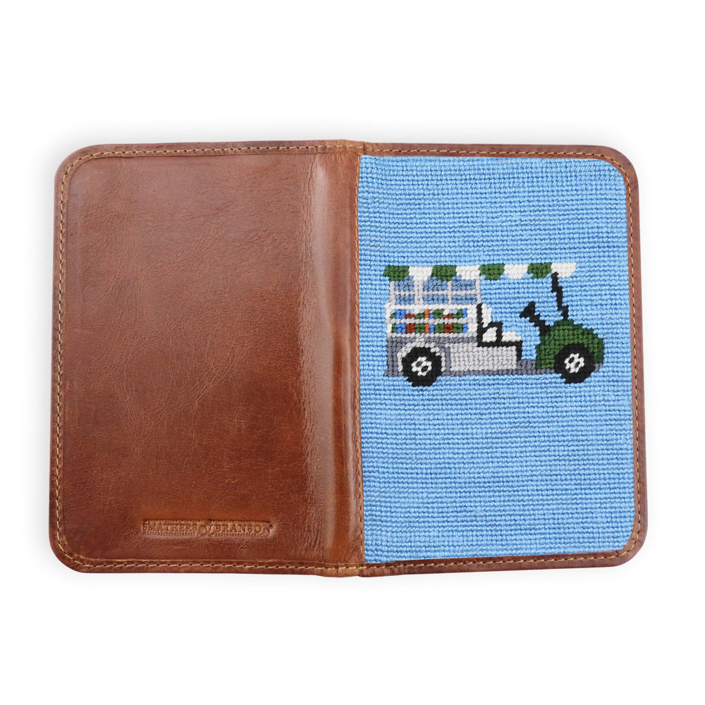 Smathers and Branson Beverage Cart Light Blue Needlepoint Golf Scorecard Holder Opened 