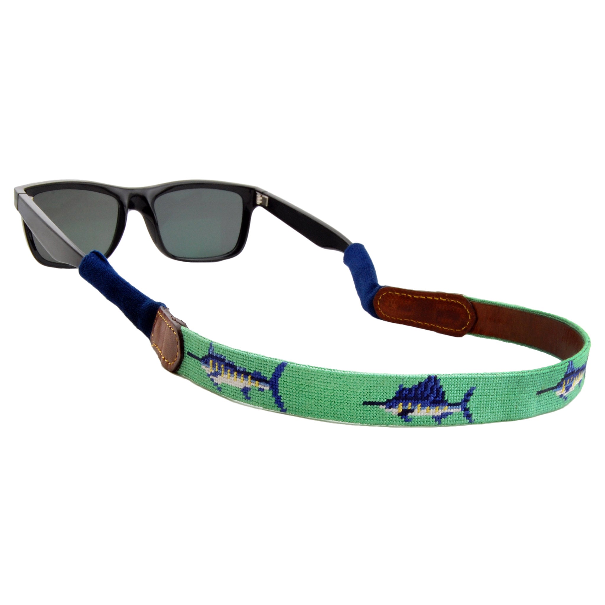 Smathers and Branson Billfish Mint Needlepoint Sunglass Strap Attached to glasses  