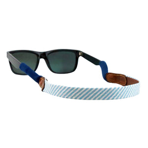 Smathers and Branson Blue Seersucker Multi Needlepoint Sunglass Strap Attached to glasses  