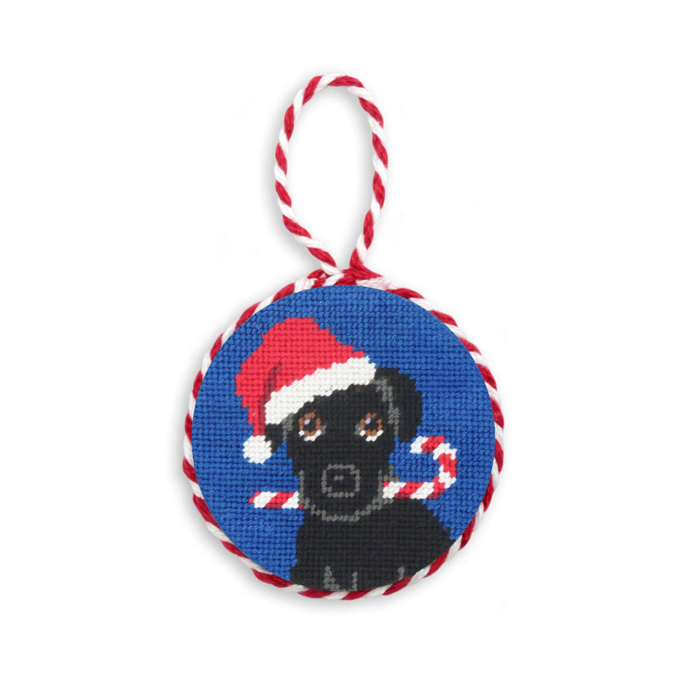 Smathers and Branson Christmas Black Lab Needlepoint Ornament Blueberry Red-White Cord  