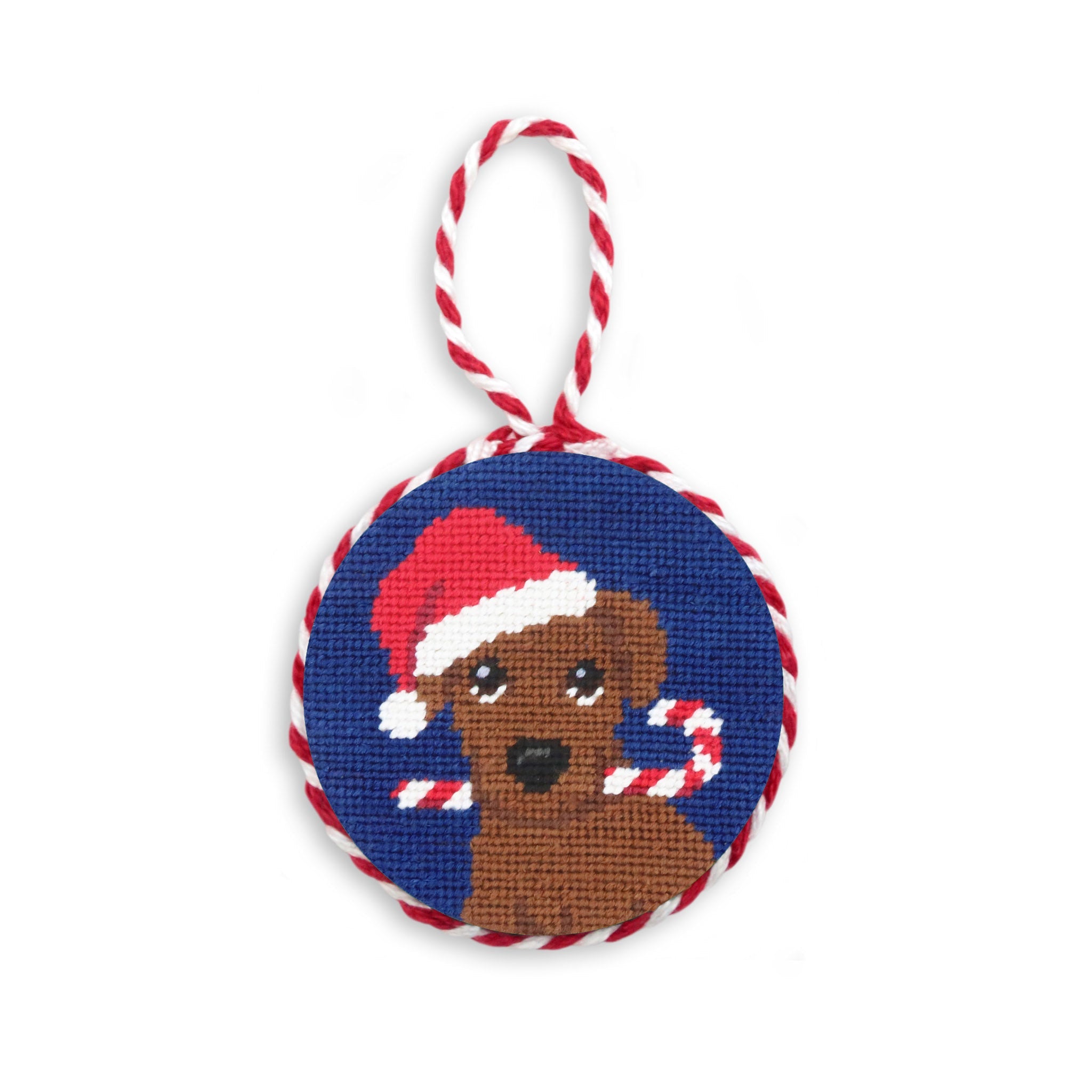 Smathers and Branson Christmas Chocolate Lab Needlepoint Ornament Classic Navy Red-White Cord  