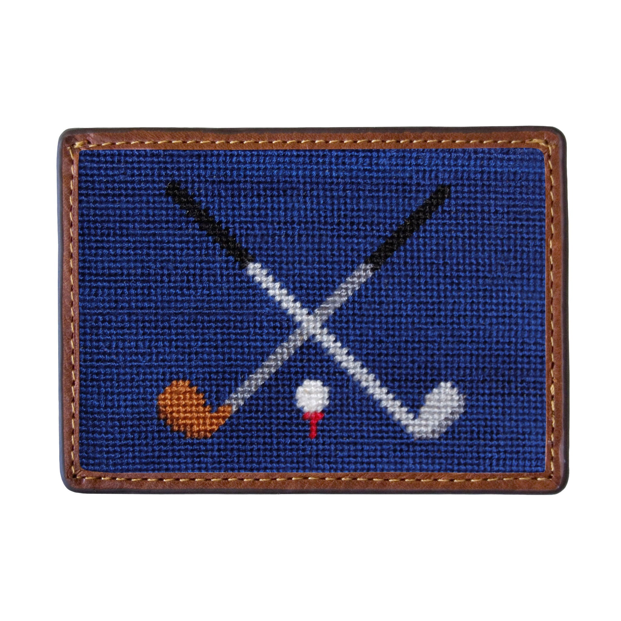 Smathers and Branson Crossed Clubs Classic Navy Needlepoint Credit Card Wallet Front side