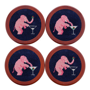 Smathers and Branson Elephant Martini Dark Navy Needlepoint Coasters    