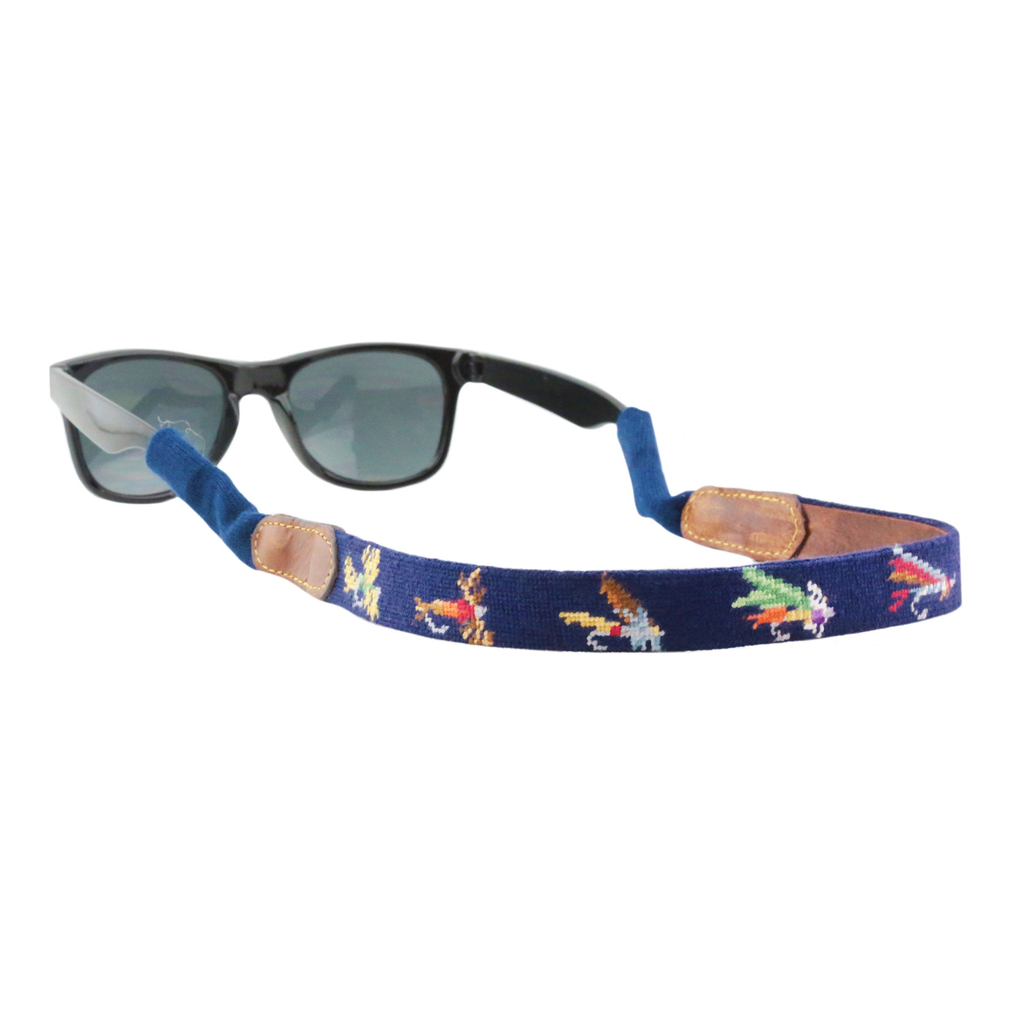 Smathers and Branson Fishing Flies Dark Navy Needlepoint Sunglass Strap Attached to glasses  