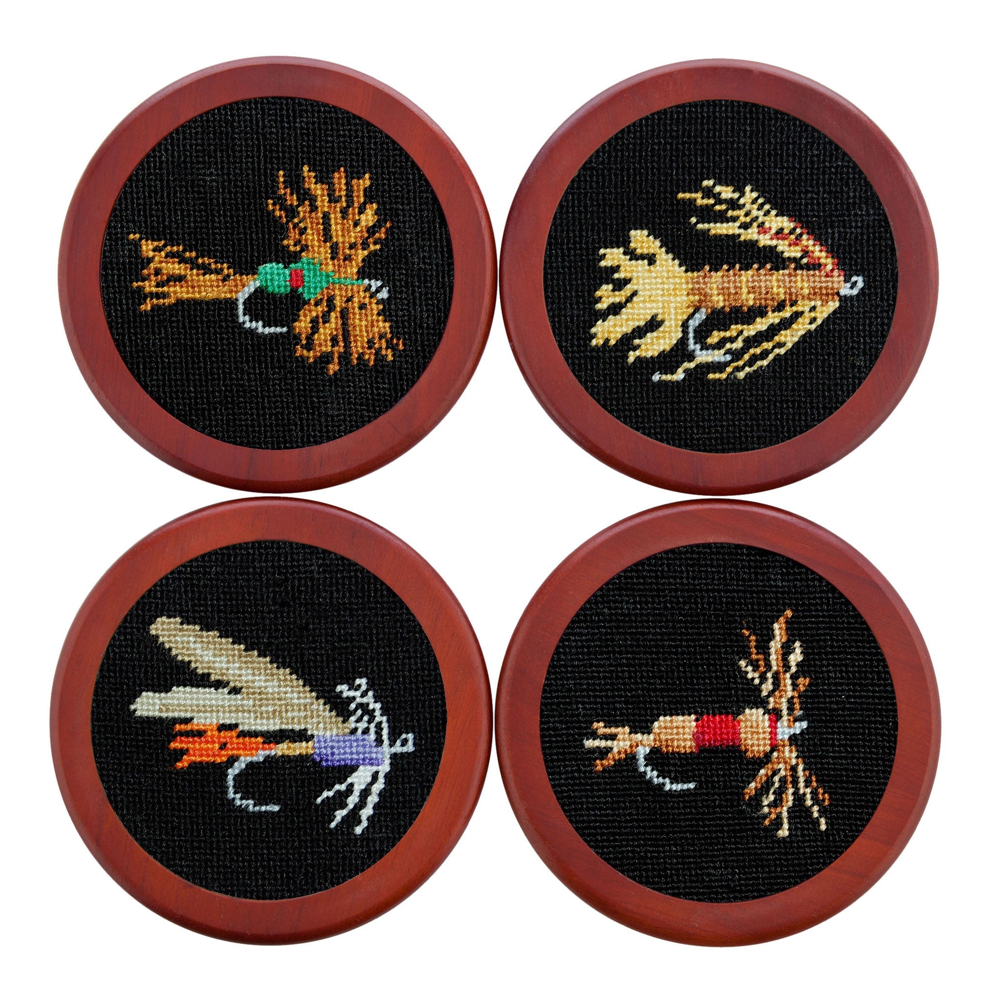 Smathers and Branson Fishing Fly Black Needlepoint Coasters    