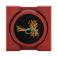 Smathers and Branson Fishing Fly Black Needlepoint Coasters with coaster holder  
