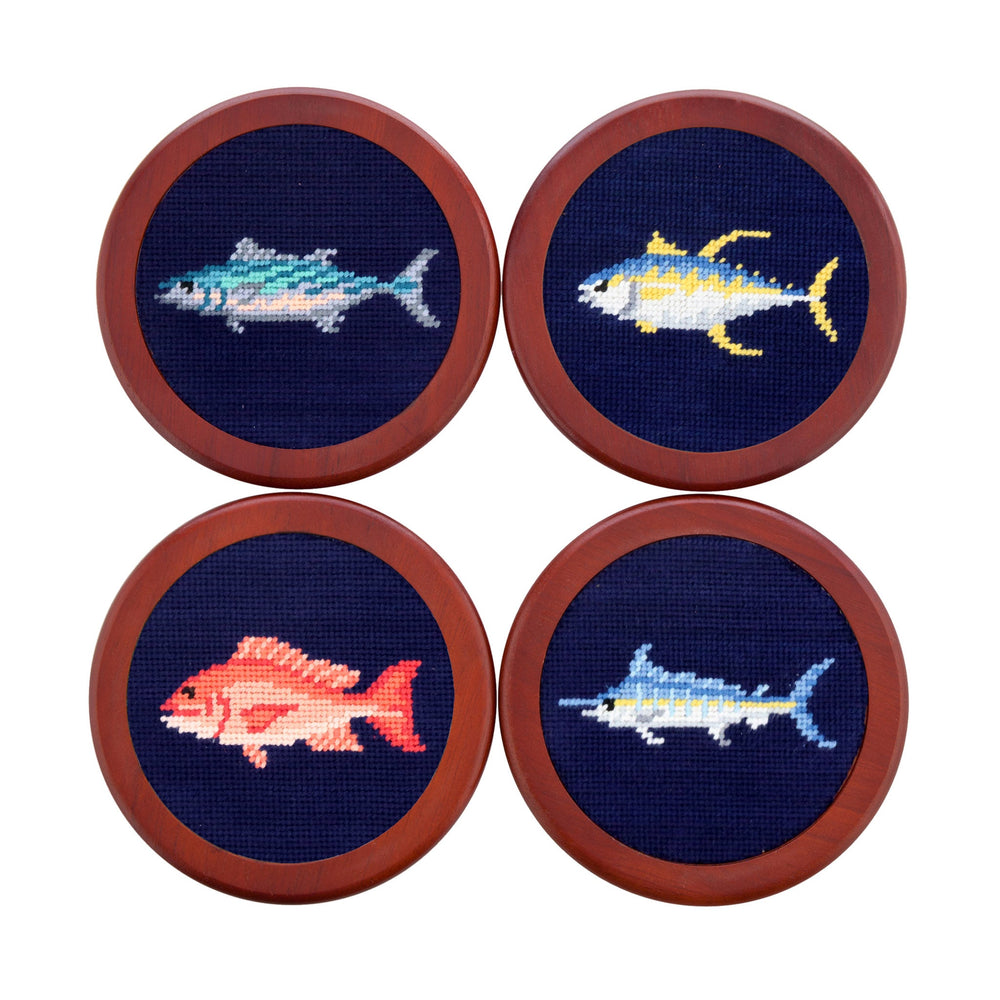 Smathers and Branson Gulf Coast Fish Dark Navy Needlepoint Coasters    