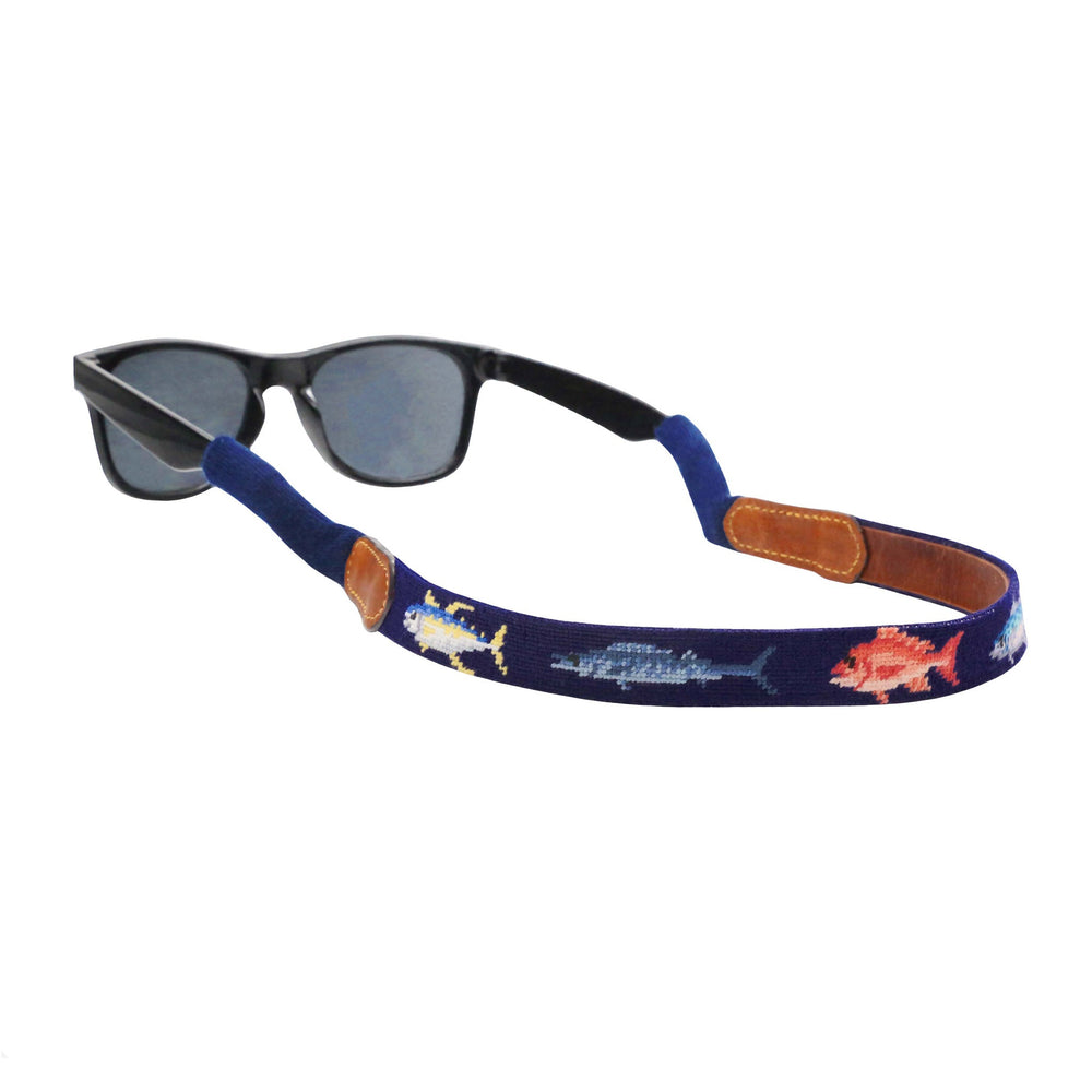 Smathers and Branson Gulf Coast Fish Dark Navy Needlepoint Sunglass Strap Attached to glasses  