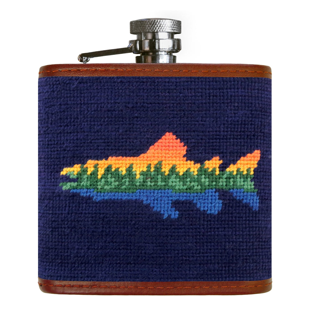 Smathers and Branson Lake Trout Dark Navy Needlepoint Flask Front 