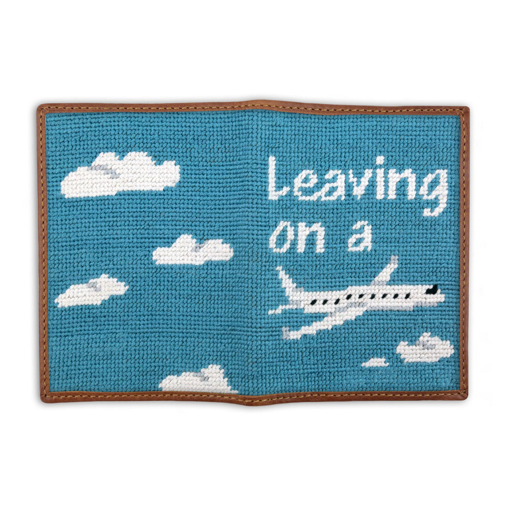 Smathers and Branson Leaving on a Plane Teal Needlepoint Passport Case Opened 