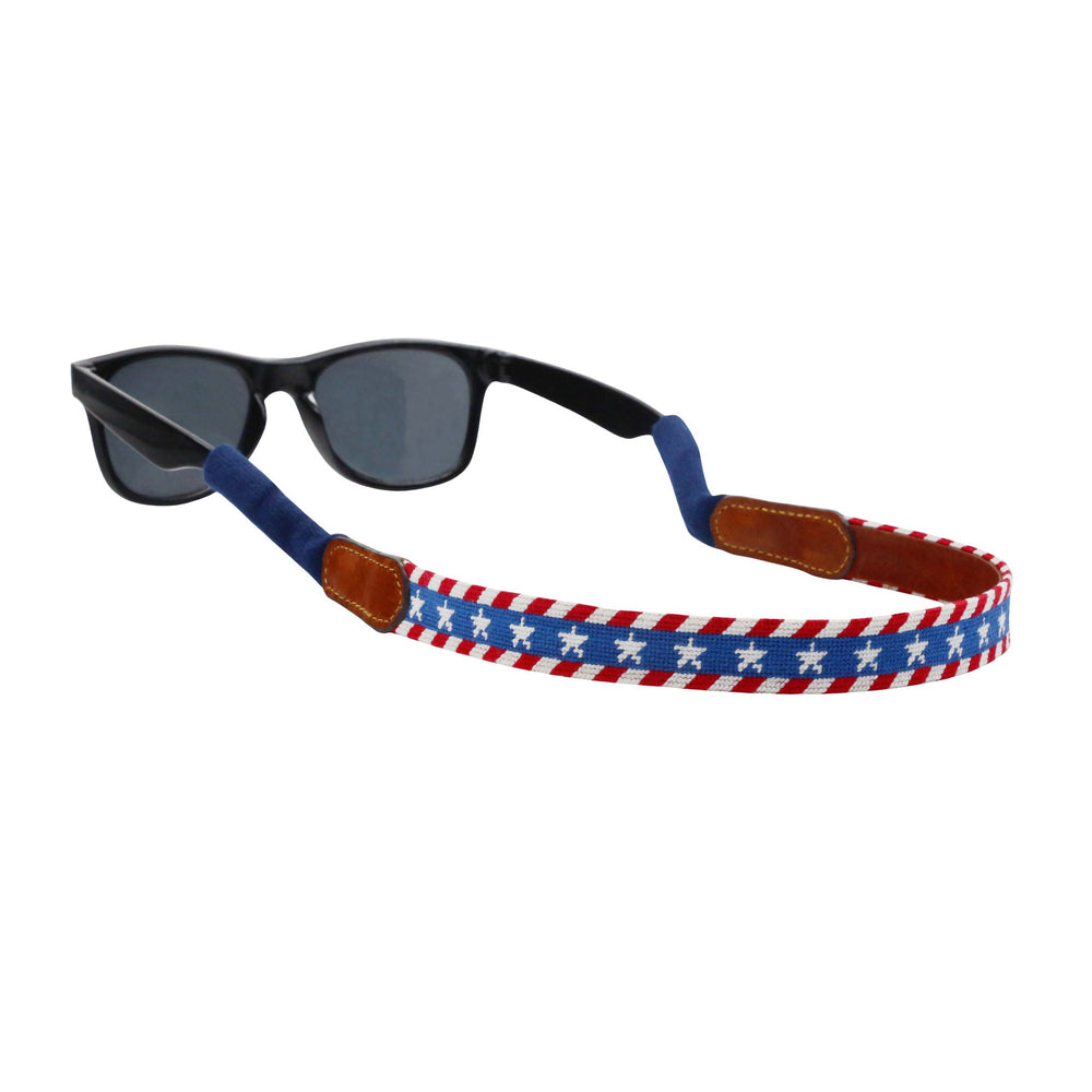 Smathers and Branson Liberty Stripe Multi Needlepoint Sunglass Strap Attached to glasses  